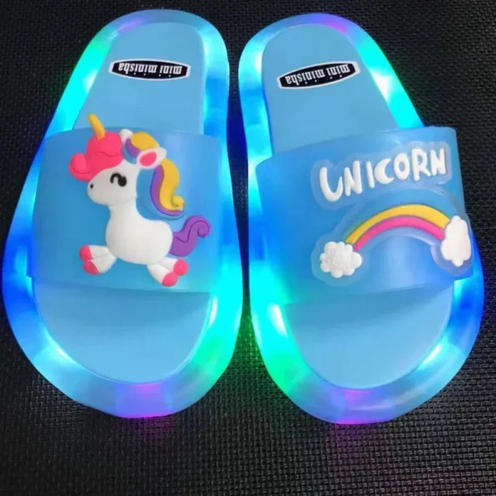 Chaussons enfant style claquette licorne avec led (taille 24-35) - Bleu 1 / 24-25