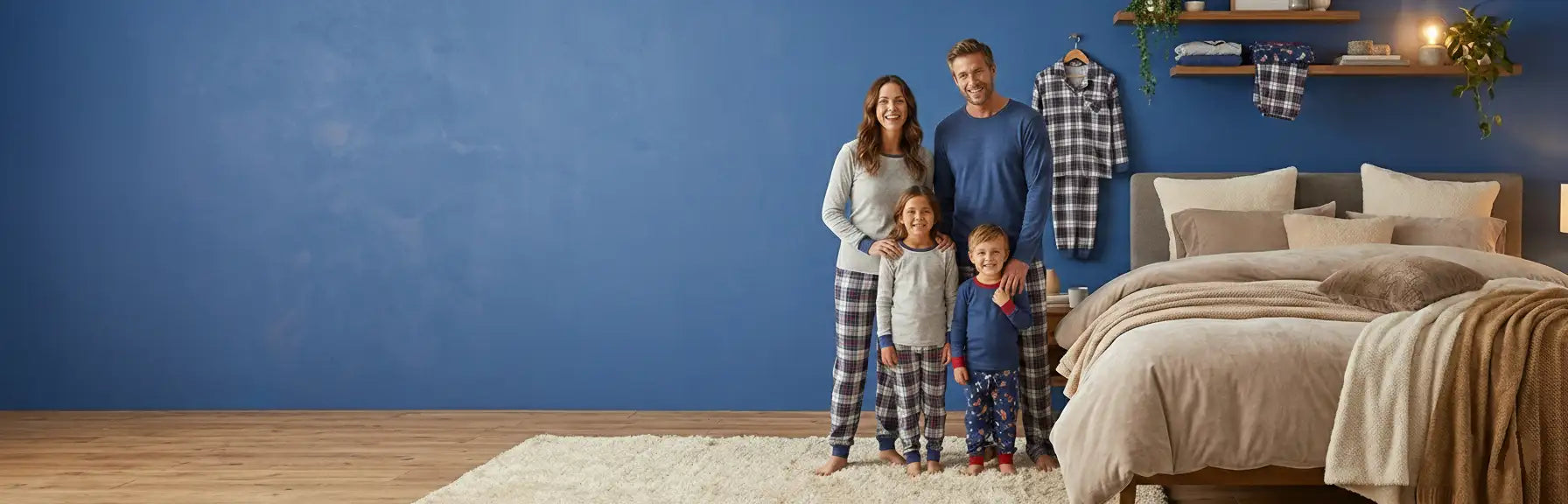 Ensemble de pyjama à carreaux bleus suspendu à un cintre en bois