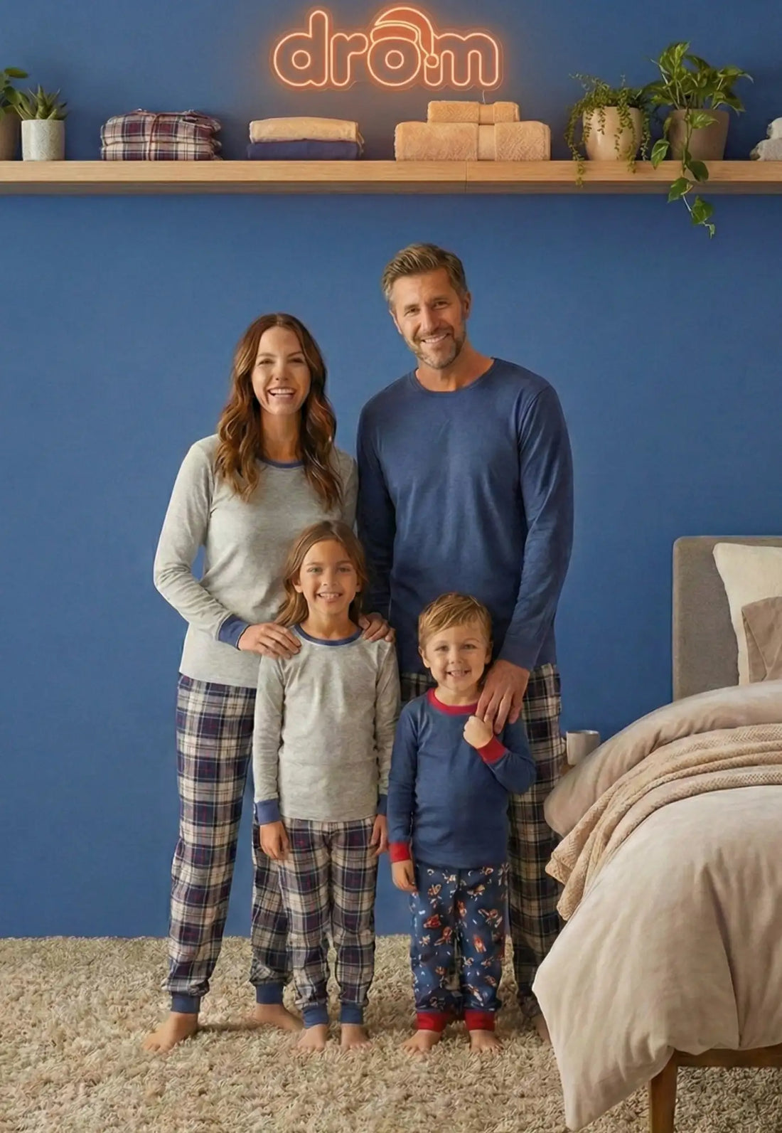 Famille de quatre personnes portant des pyjamas assortis avec des motifs à carreaux et des manches longues.