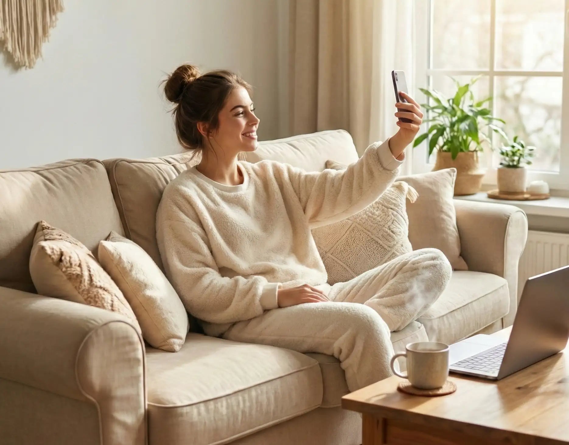 Femme en tenue de détente en polaire de couleur crème assise sur un canapé beige