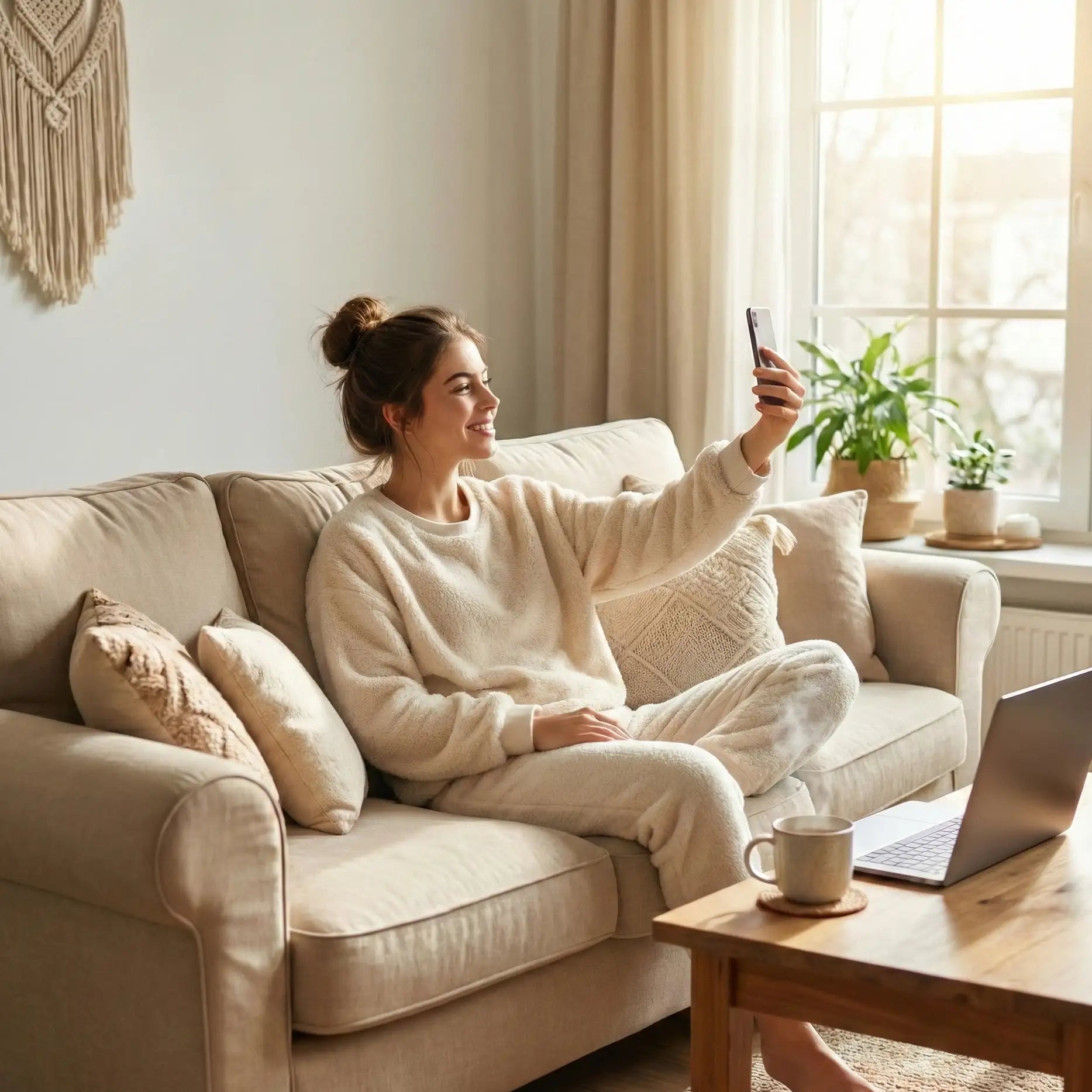 Femme en tenue de lounge en polaire de couleur crème assise sur un canapé beige