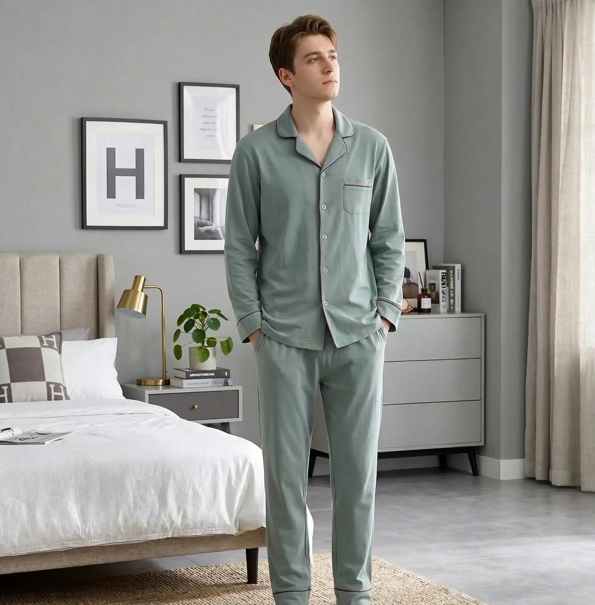 Un homme portant un ensemble de pyjama à boutons en vert sauge doux, avec manches longues et pantalon assorti.