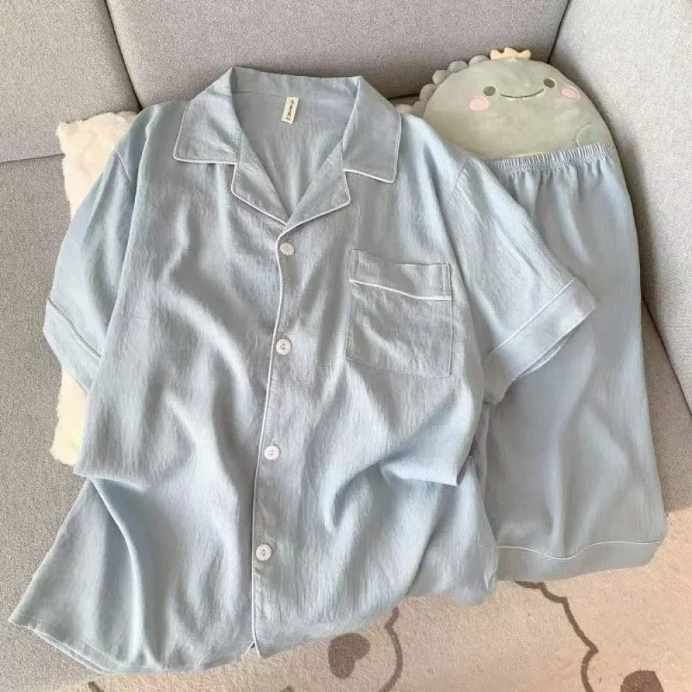 Men’s Luxury New Pajama Set Solid Color Short Sleeve Lapel Top And Elastic Shorts Plus Size Pajamas Summer Loungewear