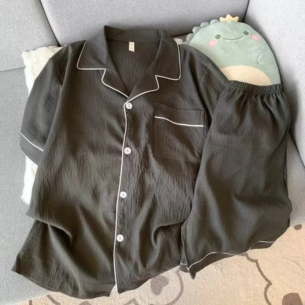Men’s Luxury New Pajama Set Solid Color Short Sleeve Lapel Top And Elastic Shorts Plus Size Pajamas Summer Loungewear