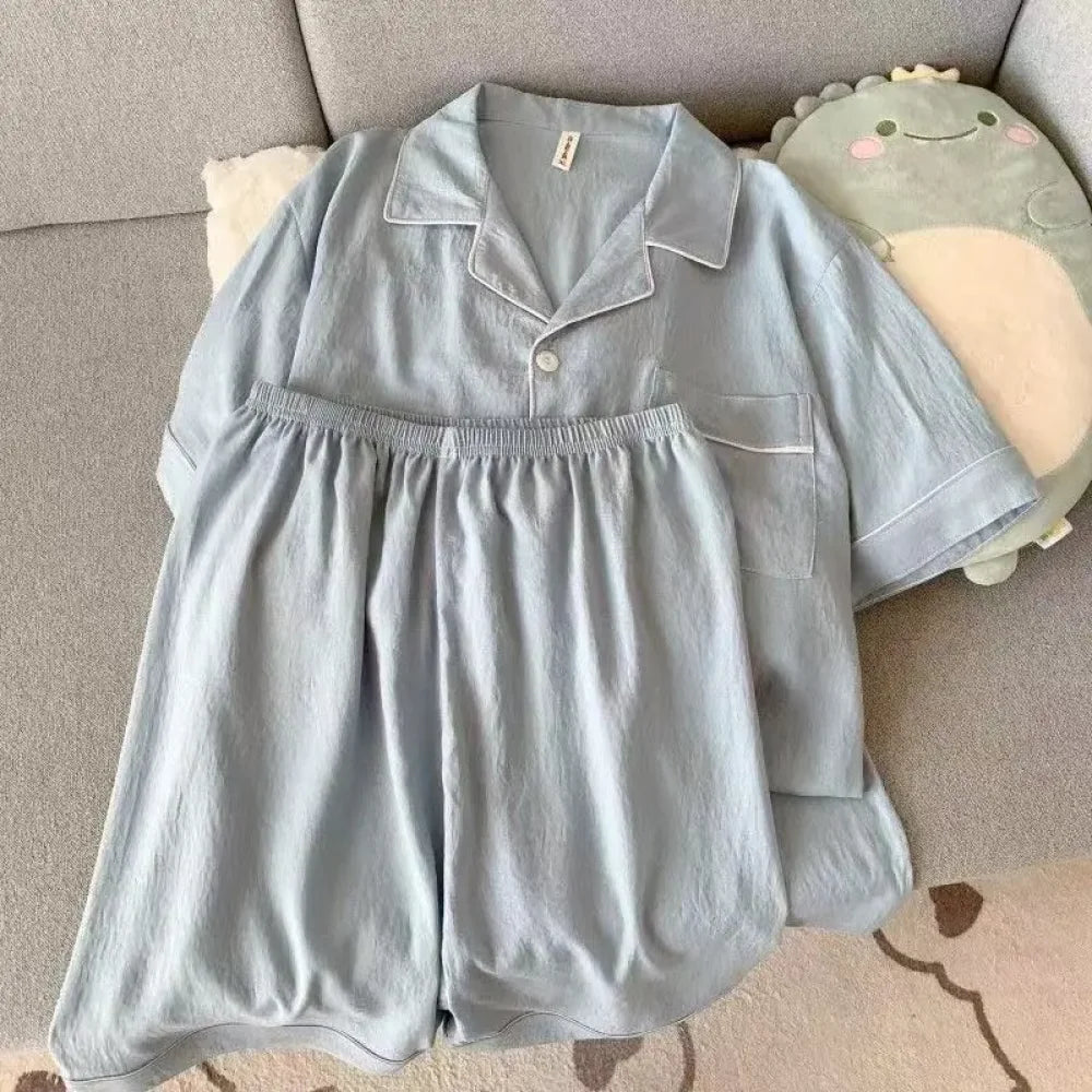 Men’s Luxury New Pajama Set Solid Color Short Sleeve Lapel Top And Elastic Shorts Plus Size Pajamas Summer Loungewear