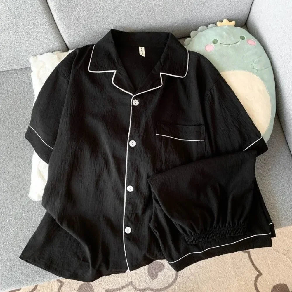 Men’s Luxury New Pajama Set Solid Color Short Sleeve Lapel Top And Elastic Shorts Plus Size Pajamas Summer Loungewear