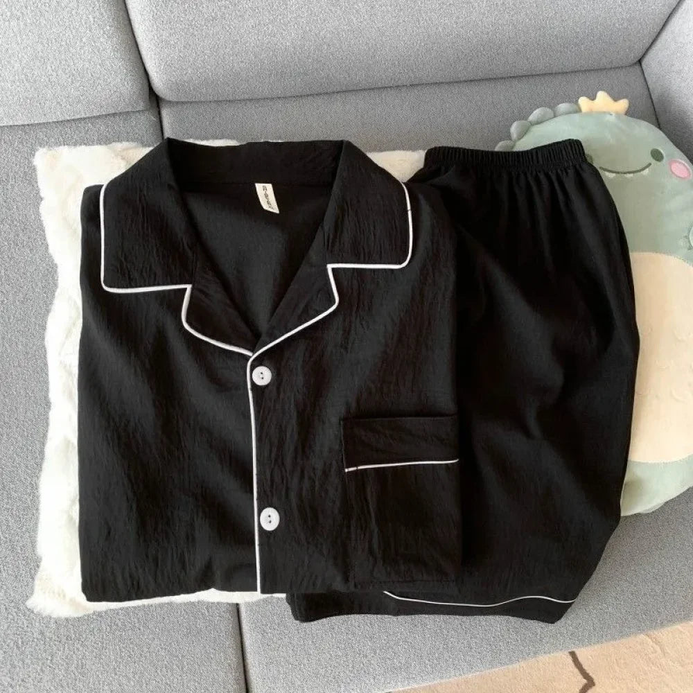 Men’s Luxury New Pajama Set Solid Color Short Sleeve Lapel Top And Elastic Shorts Plus Size Pajamas Summer Loungewear