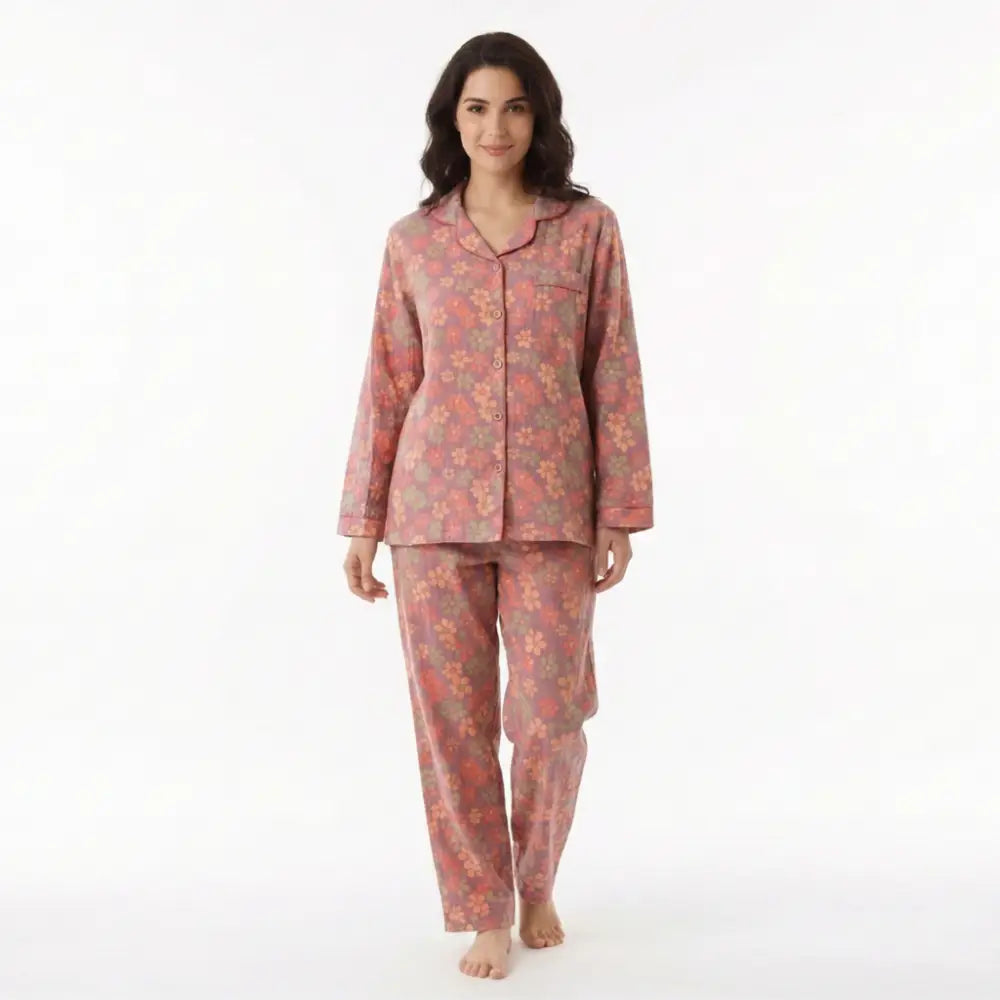 Pyjama Femme Coton Fleuri - Mauve / XS