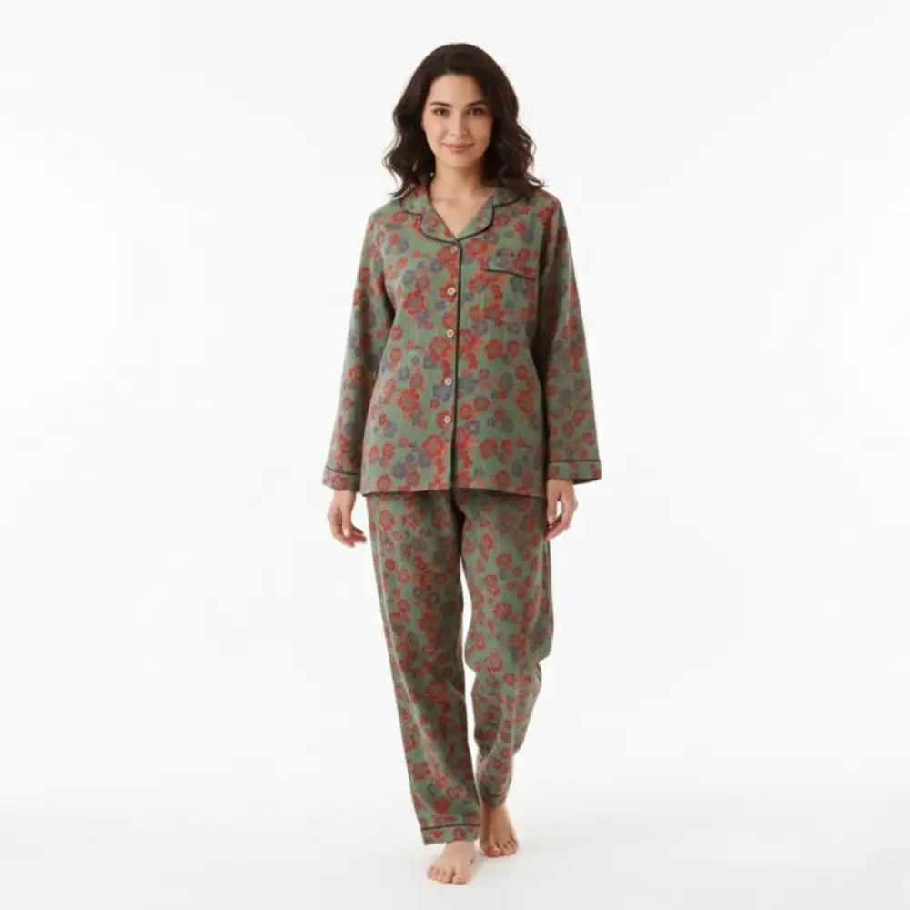 Pyjama Femme Coton Fleuri - Vert / XS