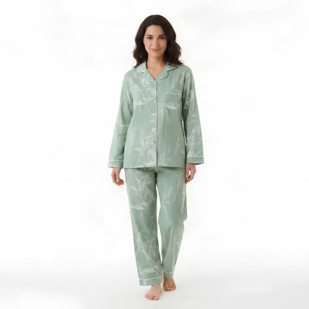 Pyjama Femme Coton Fleurs - Vert / XS