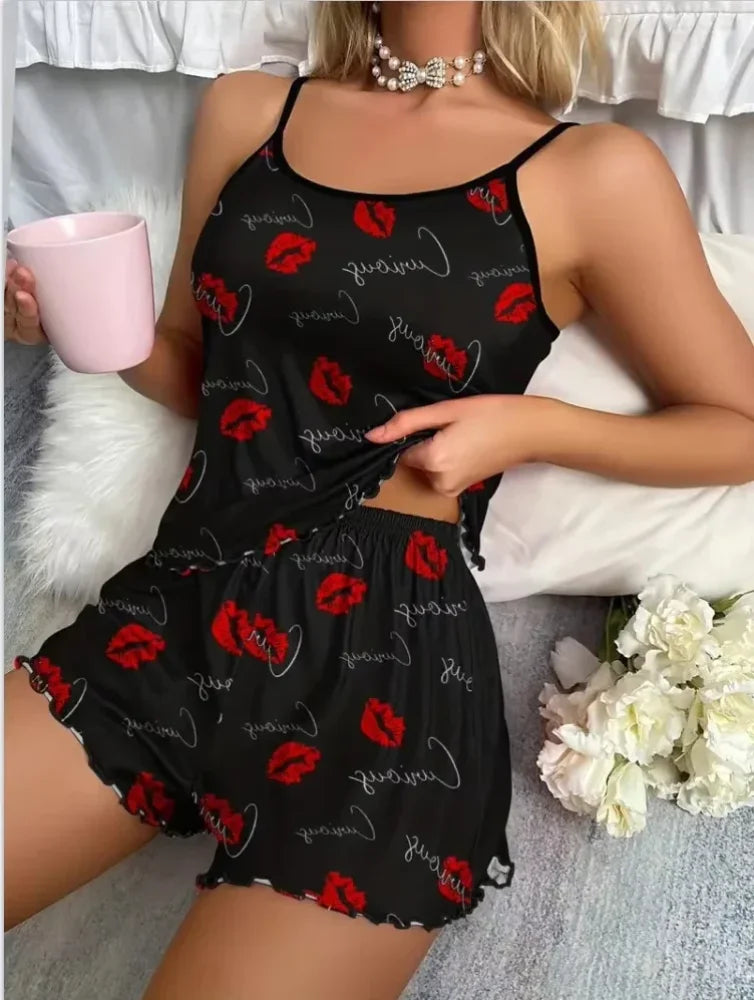 Pyjama Femme Ensemble d’été noir motif bisous