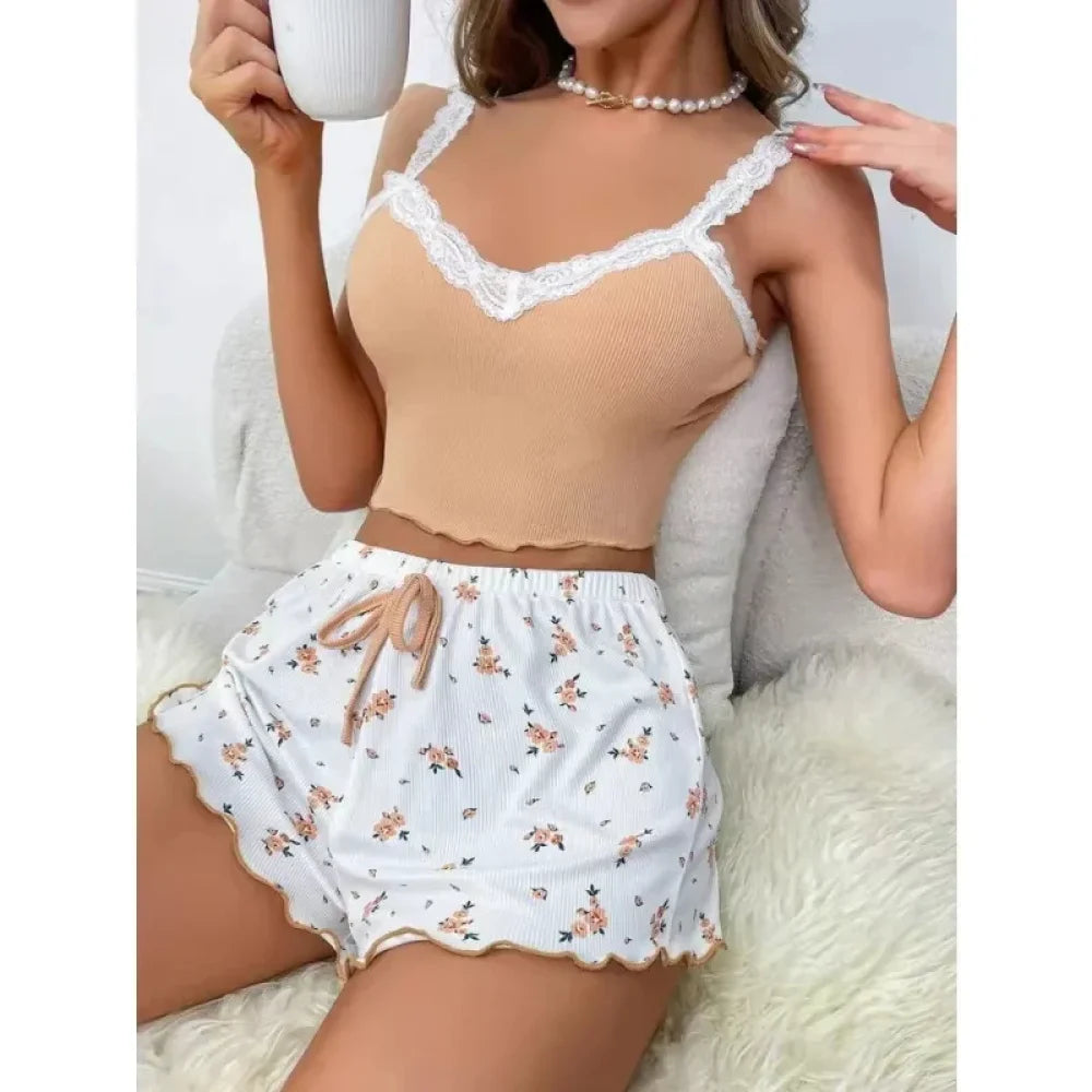 Pyjama Femme Été Dentelle - S / Beige