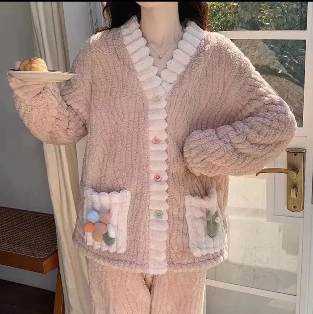 Pyjama Femme Flanelle cardigan - Rose / Taille Unique