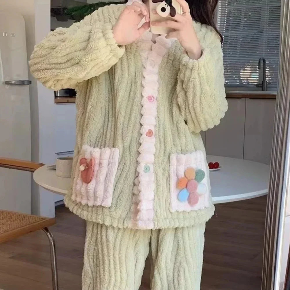 Pyjama Femme Flanelle cardigan - Vert / Taille Unique