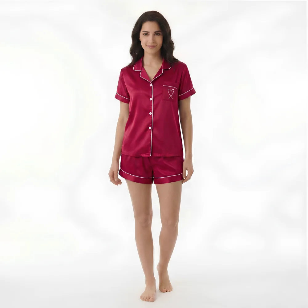 Pyjama Femme Satin Coeur - Rouge / S
