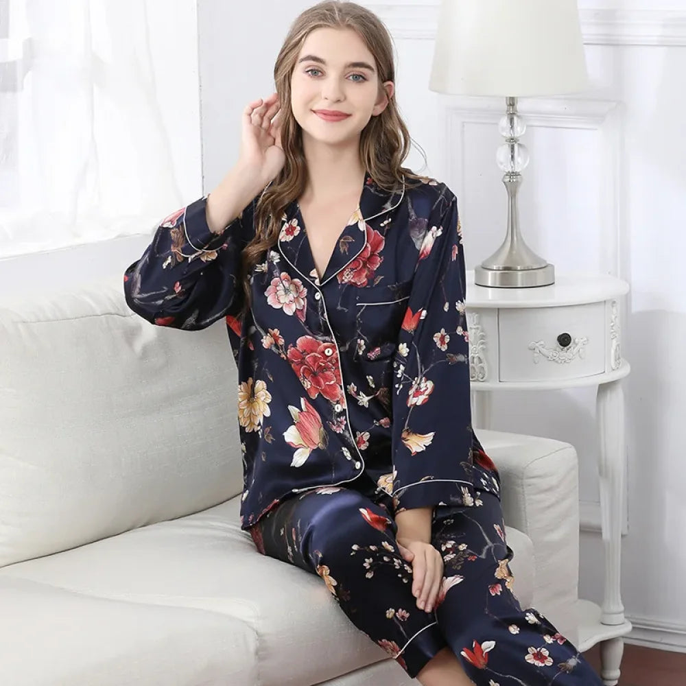 Pyjama Femme Soie Naturelle fleurs - M