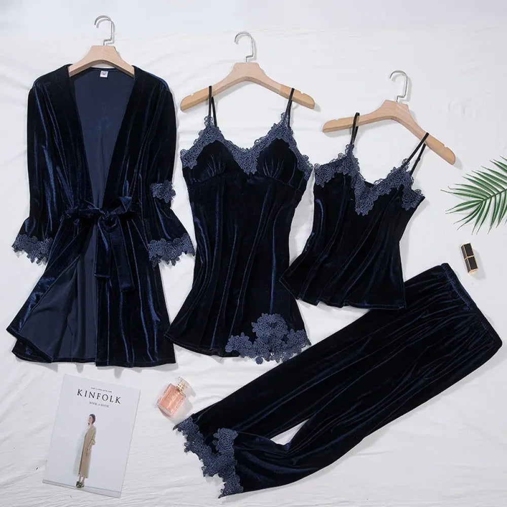 Pyjama Femme Velours Ensemble - Bleu foncé / M