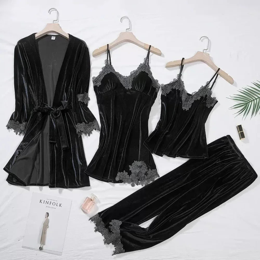 Pyjama Femme Velours Ensemble - Noir / L