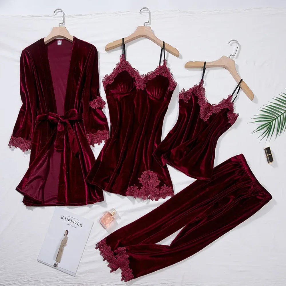 Pyjama Femme Velours Ensemble - Rouge / M
