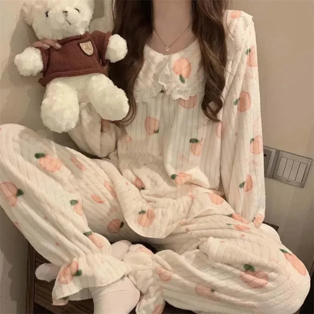 Pyjama Femme Velours fleur - Blanc / Taille Unique