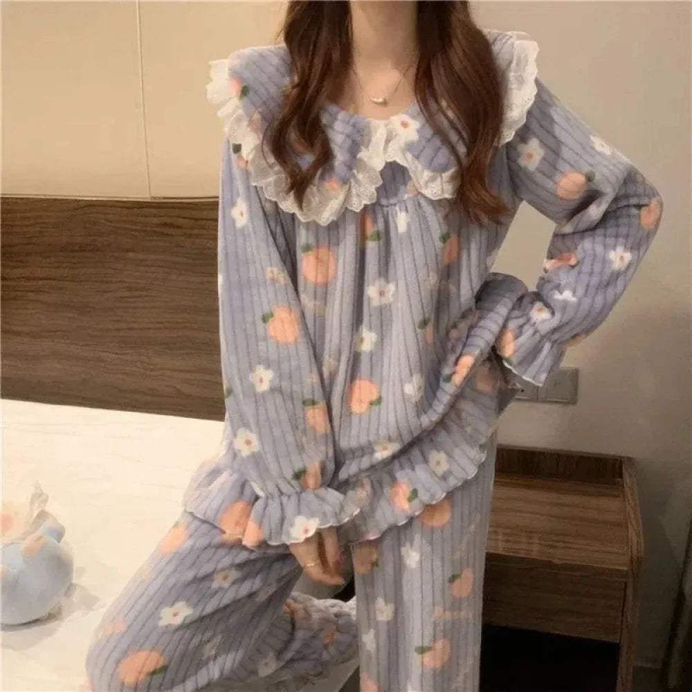 Pyjama Femme Velours fleur - Bleu / Taille Unique