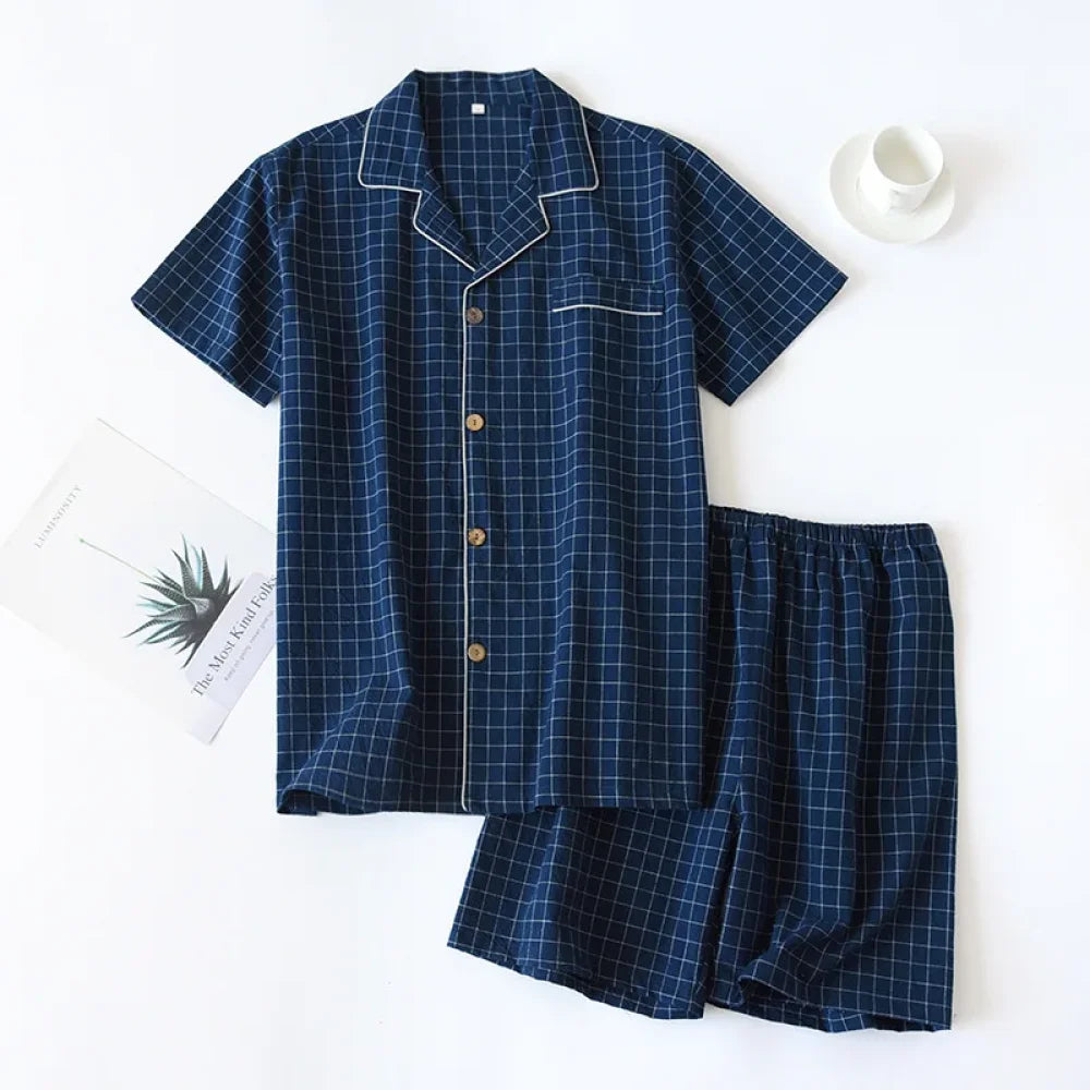Pyjama Homme Coton à Carreaux été - Bleu Foncé / M