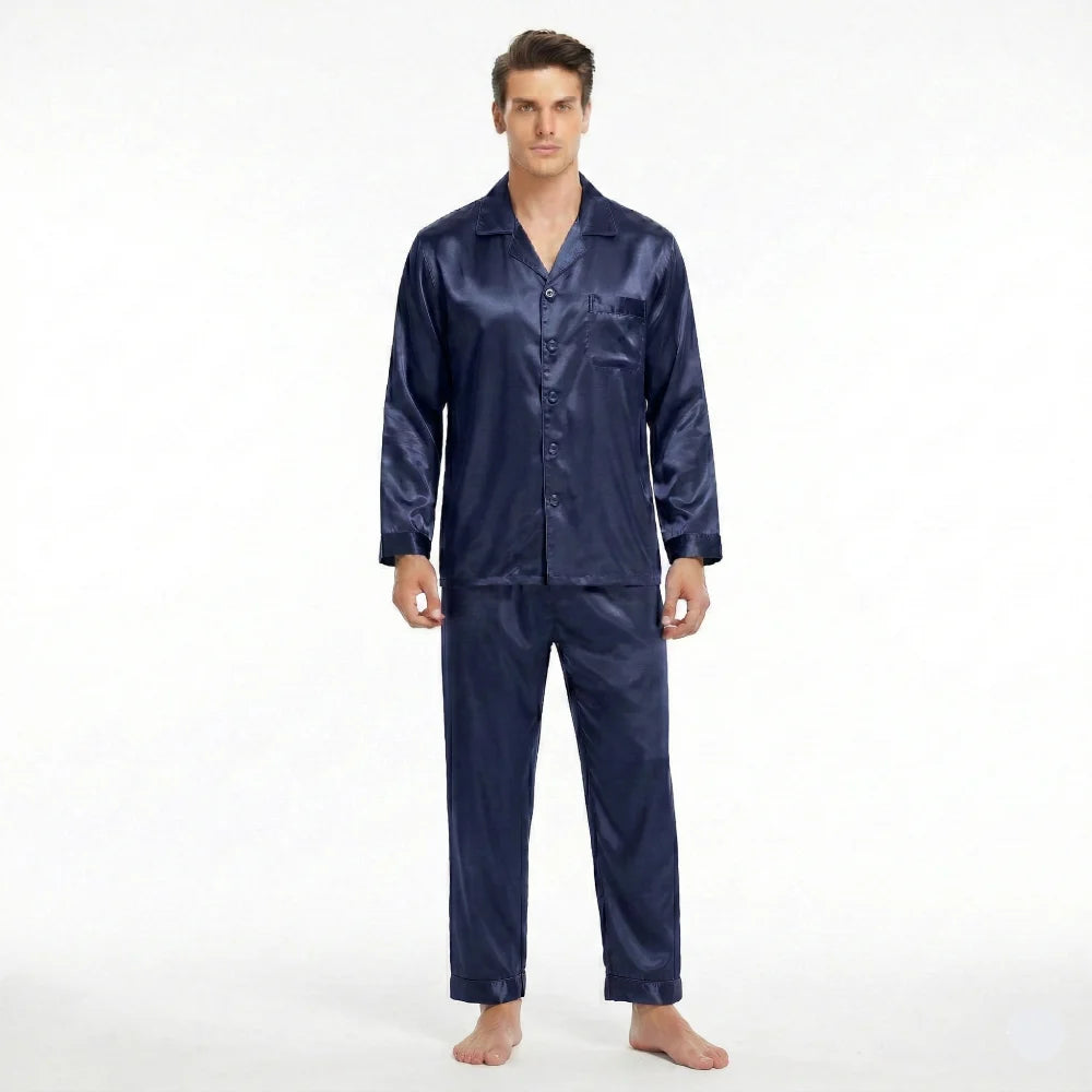 Pyjama Homme en Satin de Soie - Bleu Foncé / S