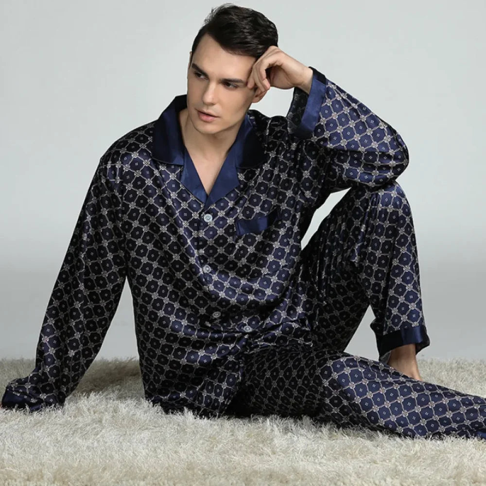 Pyjama Homme Satin à Carreaux bleu