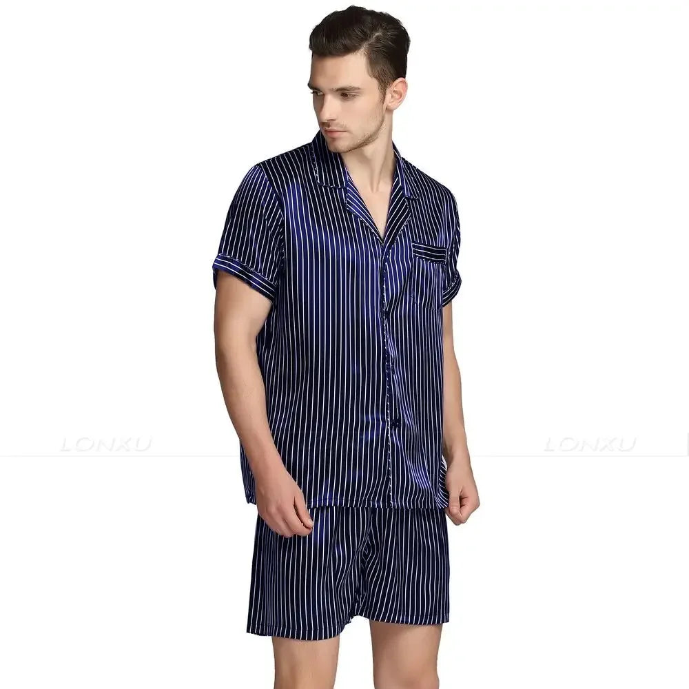 Pyjama Homme Satin de Soie rayé - Bleu / S