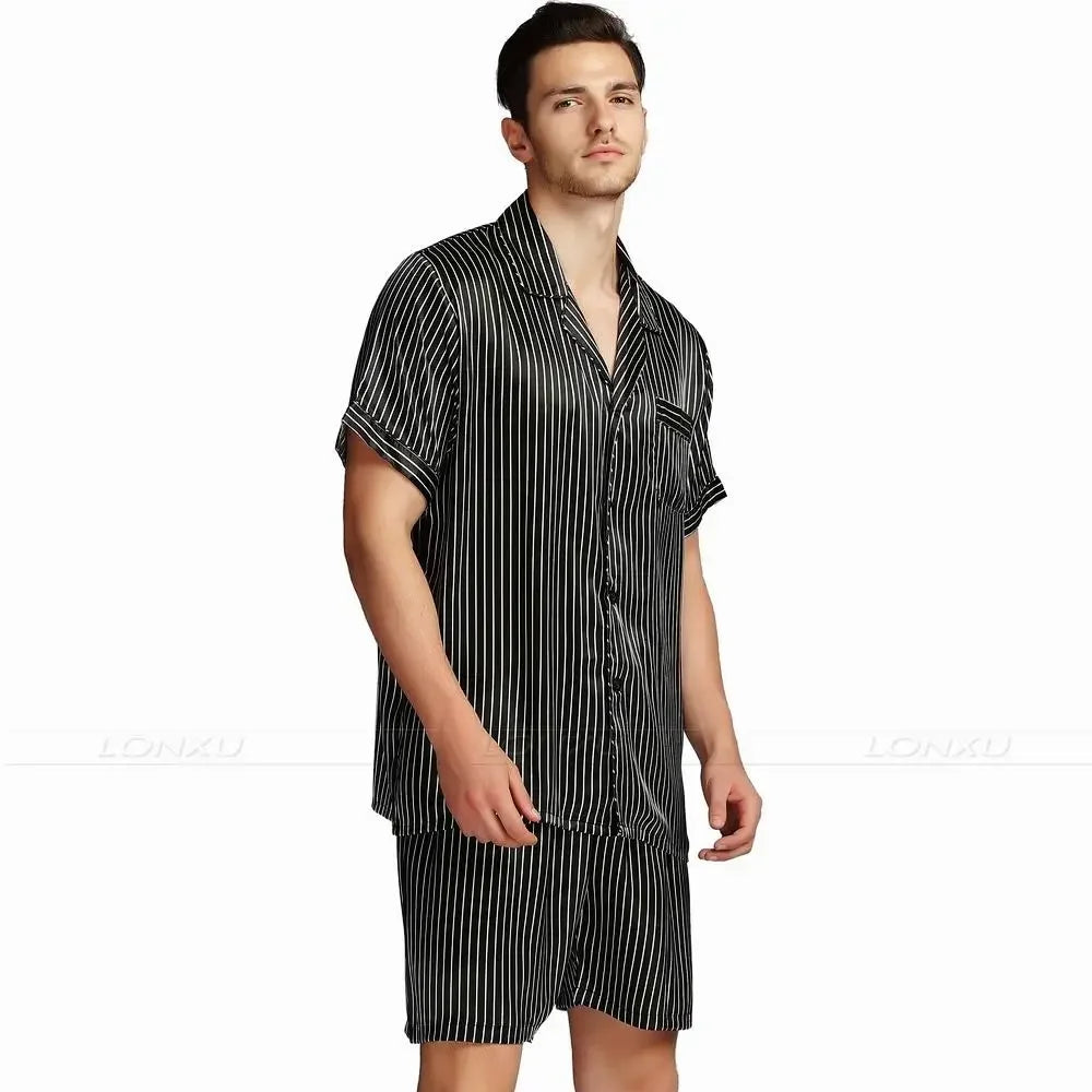 Pyjama Homme Satin de Soie rayé - Noir / S