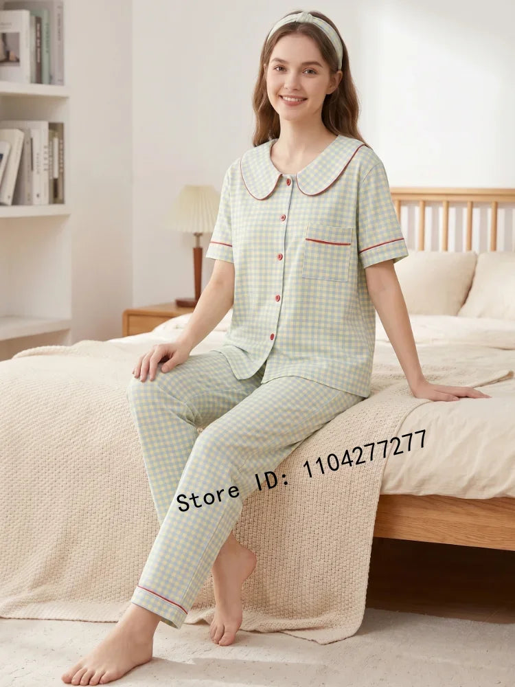 Three-Piece Women’s Pajama Set Plaid Button-Down Loungewear Short Sleeve Cardigan Sleepwear Casual Home Wear