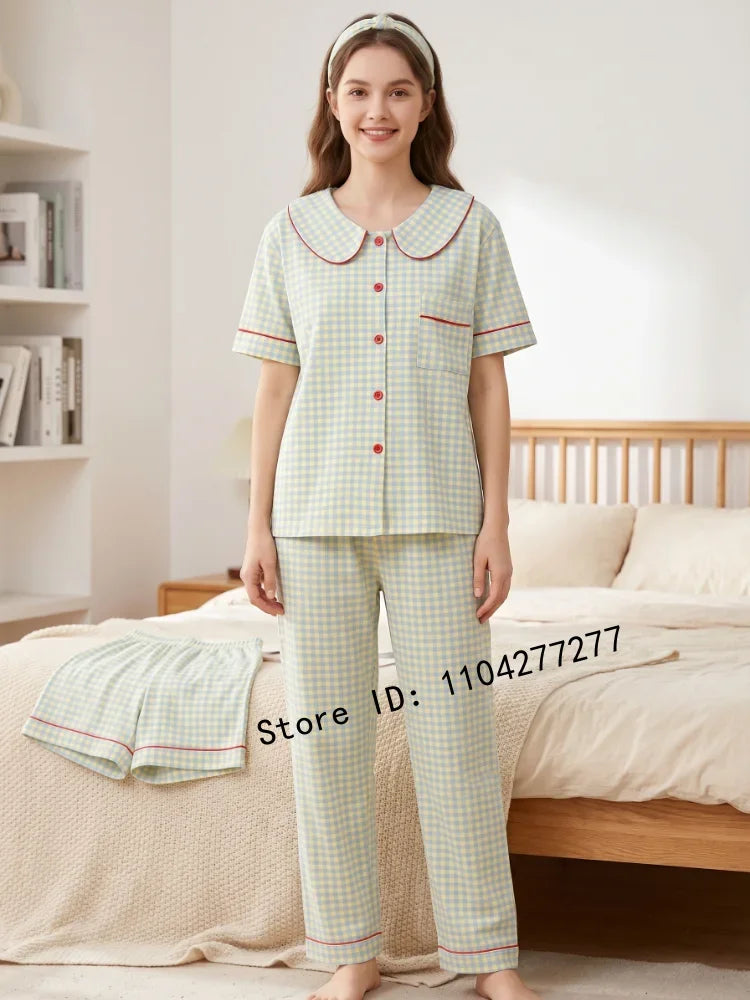 Three-Piece Women’s Pajama Set Plaid Button-Down Loungewear Short Sleeve Cardigan Sleepwear Casual Home Wear