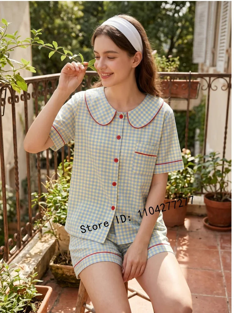 Three-Piece Women’s Pajama Set Plaid Button-Down Loungewear Short Sleeve Cardigan Sleepwear Casual Home Wear