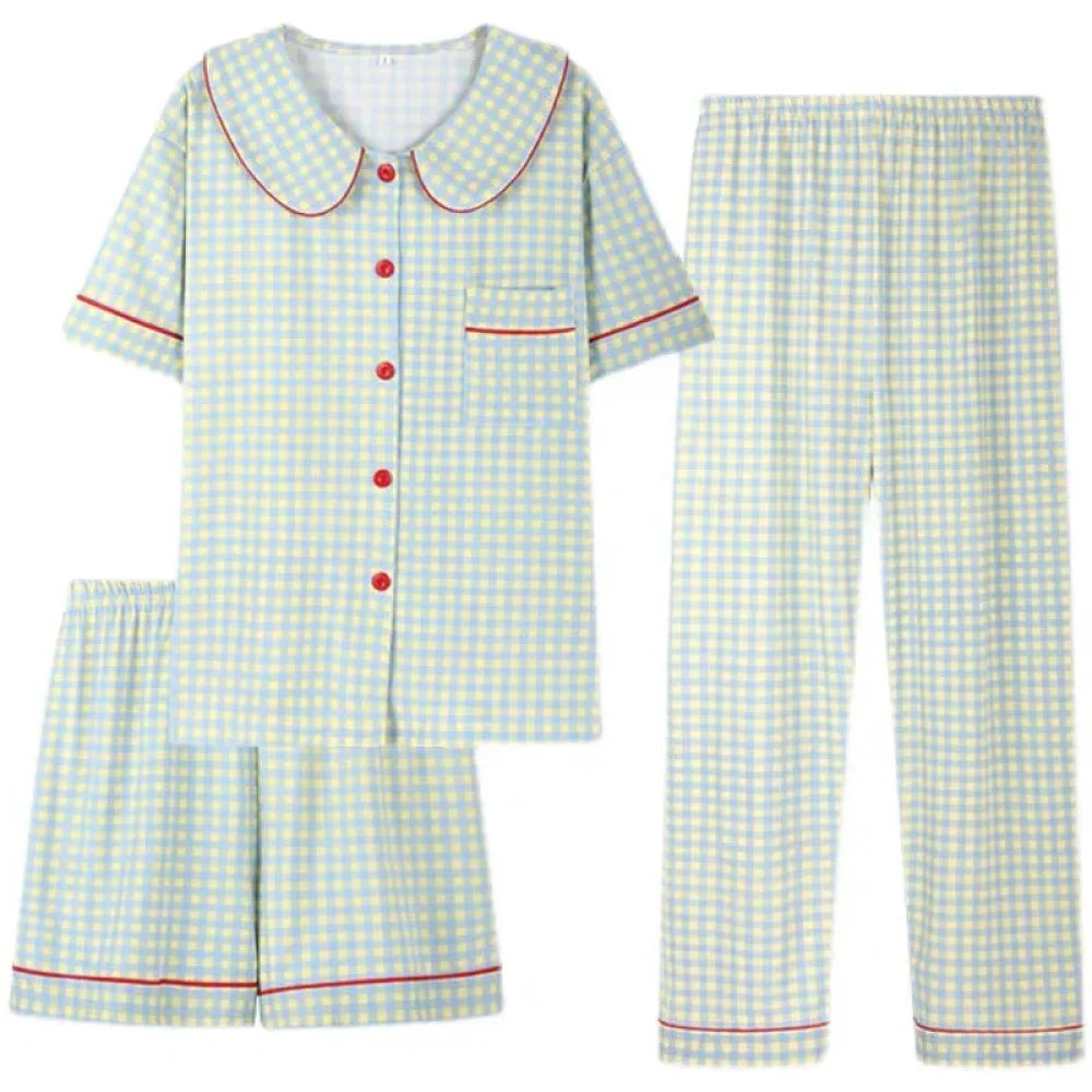 Three-Piece Women’s Pajama Set Plaid Button-Down Loungewear Short Sleeve Cardigan Sleepwear Casual Home Wear - 2XL