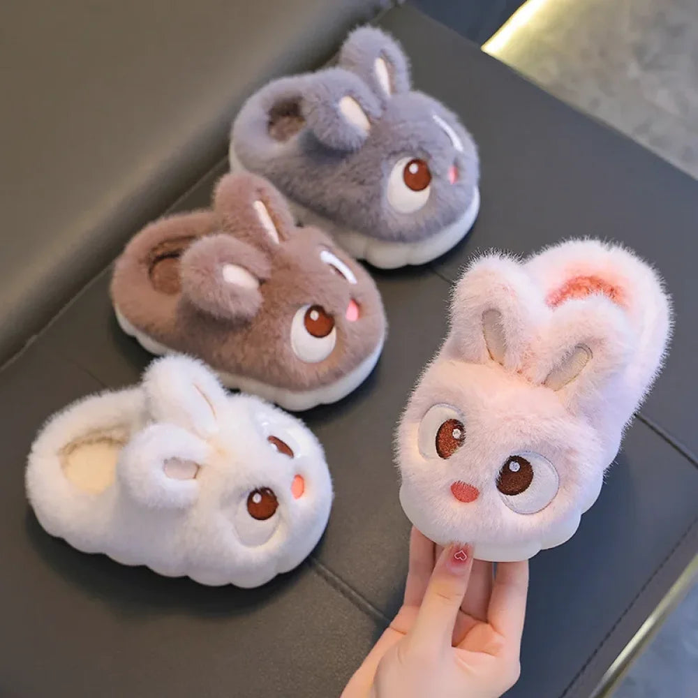 Winter Children’s Cotton Shoes 2025 New Cute Rabbits Warm Plush Girls’ Slippers Faux Fur Anti Slip Flat Boys’ Home