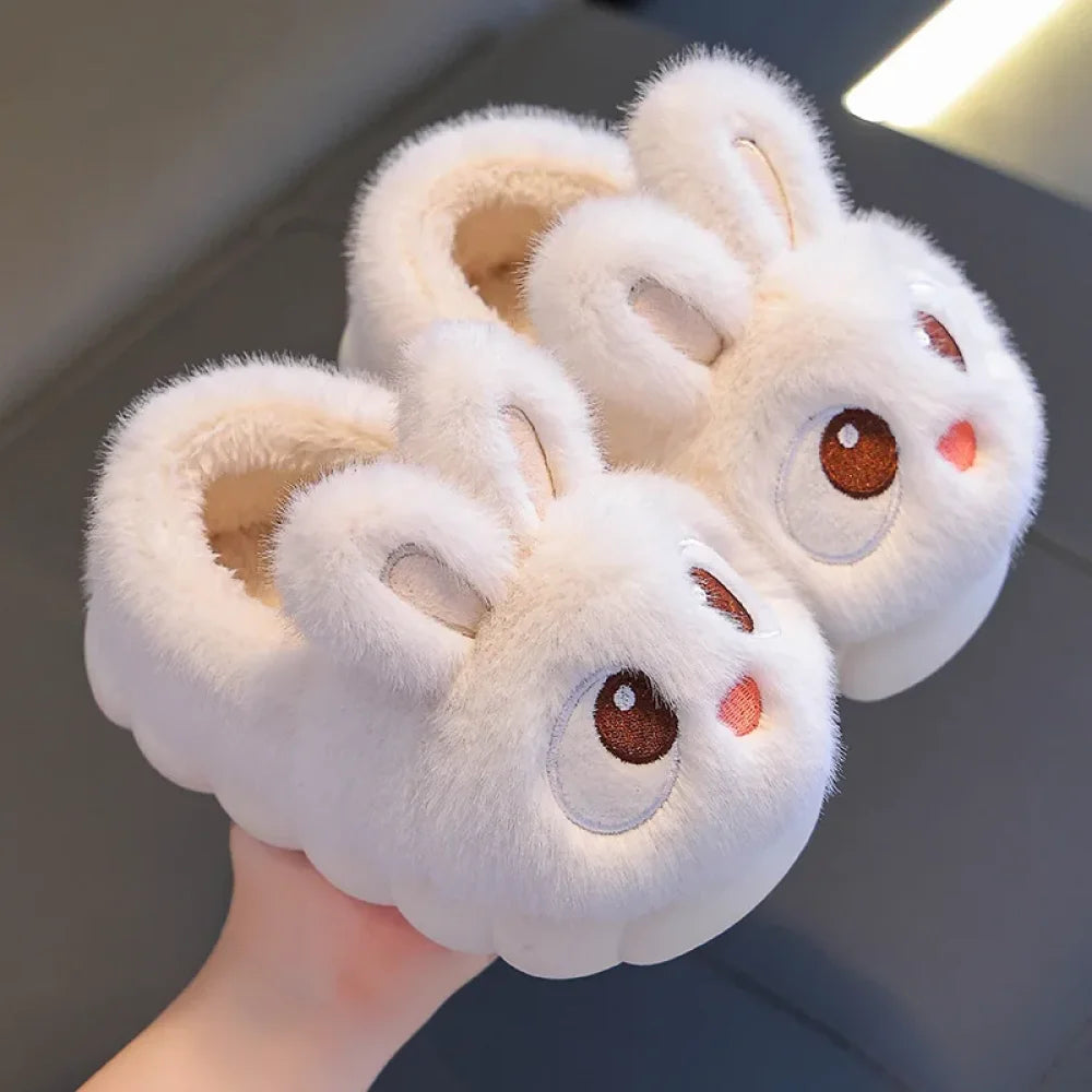 Winter Children’s Cotton Shoes 2025 New Cute Rabbits Warm Plush Girls’ Slippers Faux Fur Anti Slip Flat Boys’ Home
