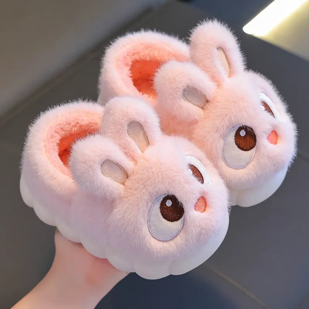 Winter Children’s Cotton Shoes 2025 New Cute Rabbits Warm Plush Girls’ Slippers Faux Fur Anti Slip Flat Boys’ Home
