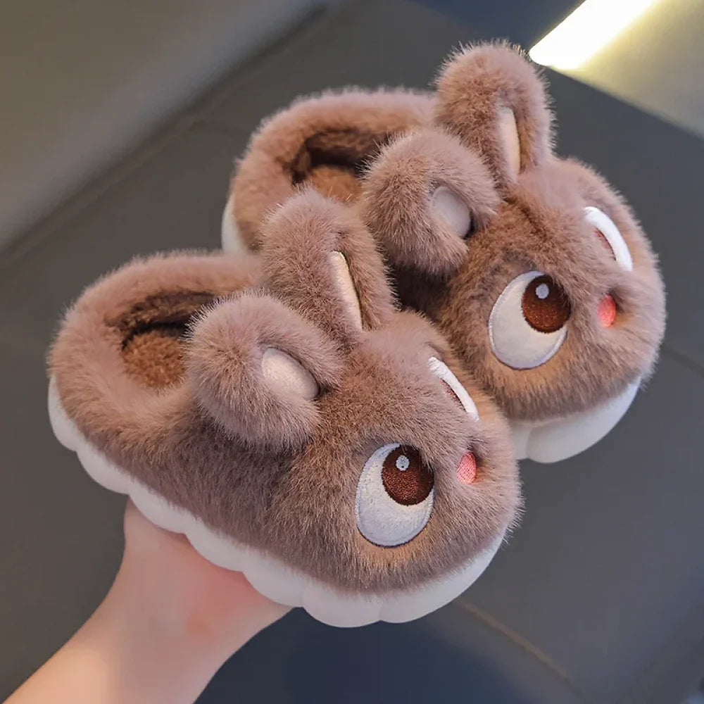 Winter Children’s Cotton Shoes 2025 New Cute Rabbits Warm Plush Girls’ Slippers Faux Fur Anti Slip Flat Boys’ Home