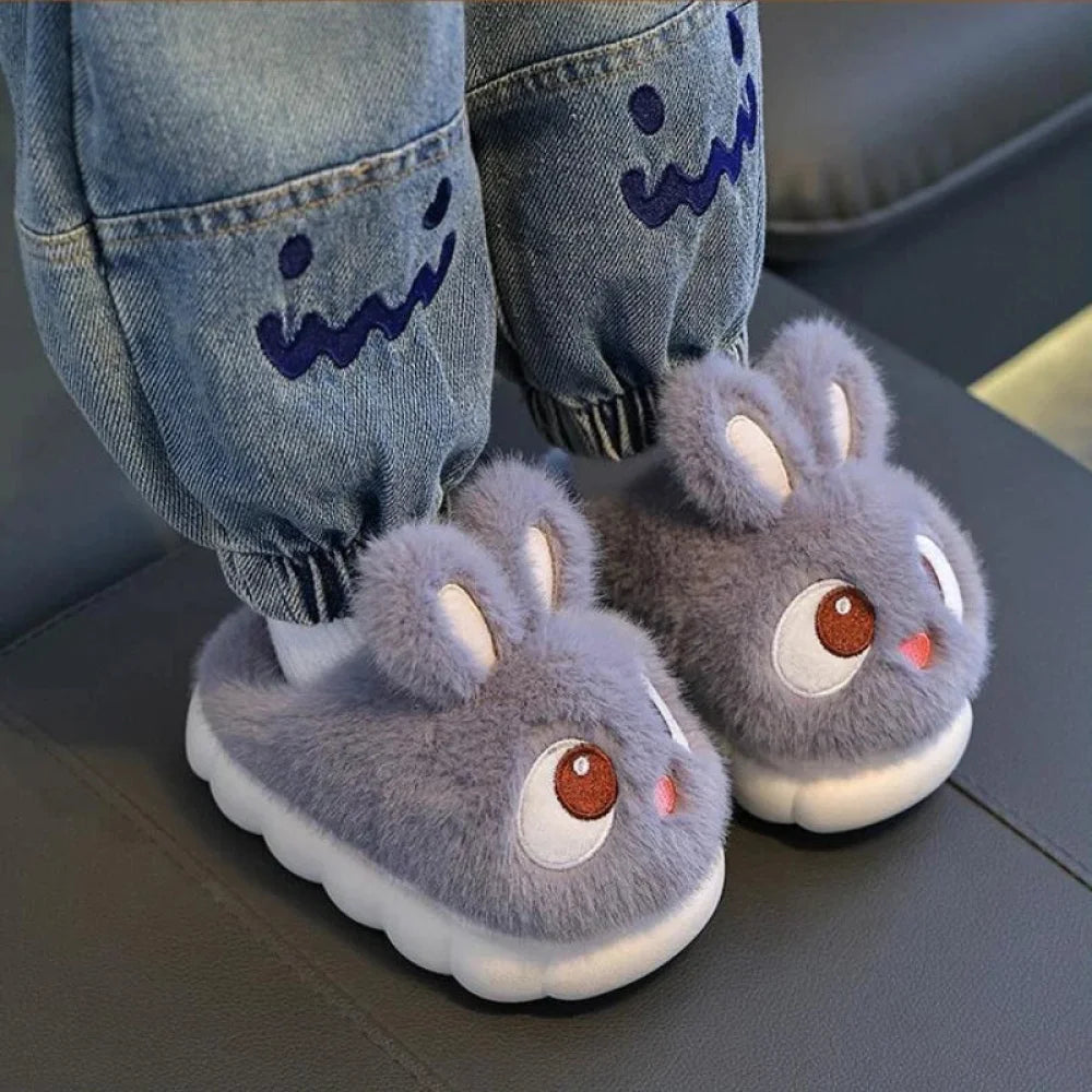 Winter Children’s Cotton Shoes 2025 New Cute Rabbits Warm Plush Girls’ Slippers Faux Fur Anti Slip Flat Boys’ Home