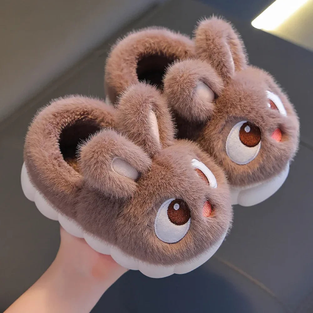 Winter Children’s Cotton Shoes 2025 New Cute Rabbits Warm Plush Girls’ Slippers Faux Fur Anti Slip Flat Boys’ Home
