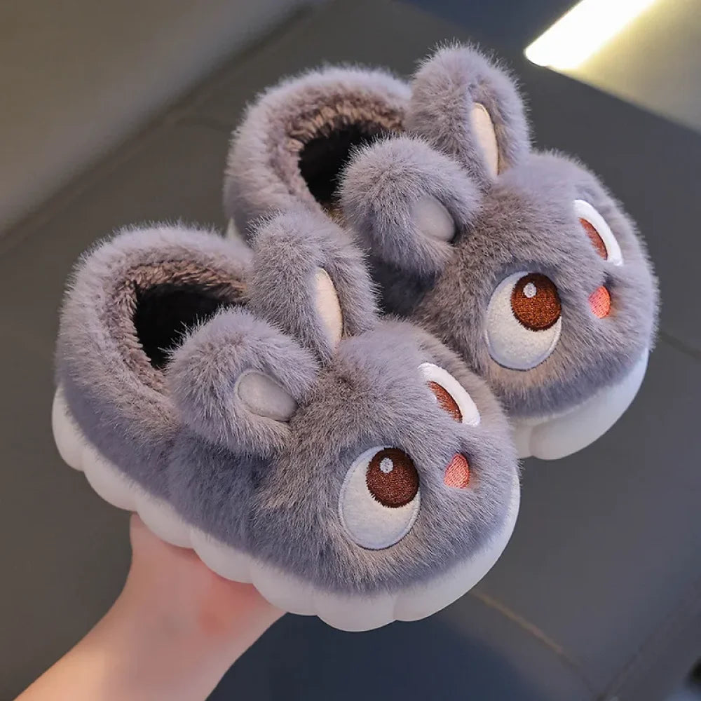 Winter Children’s Cotton Shoes 2025 New Cute Rabbits Warm Plush Girls’ Slippers Faux Fur Anti Slip Flat Boys’ Home
