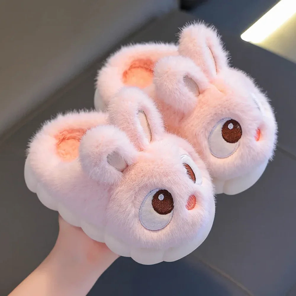 Winter Children’s Cotton Shoes 2025 New Cute Rabbits Warm Plush Girls’ Slippers Faux Fur Anti Slip Flat Boys’ Home