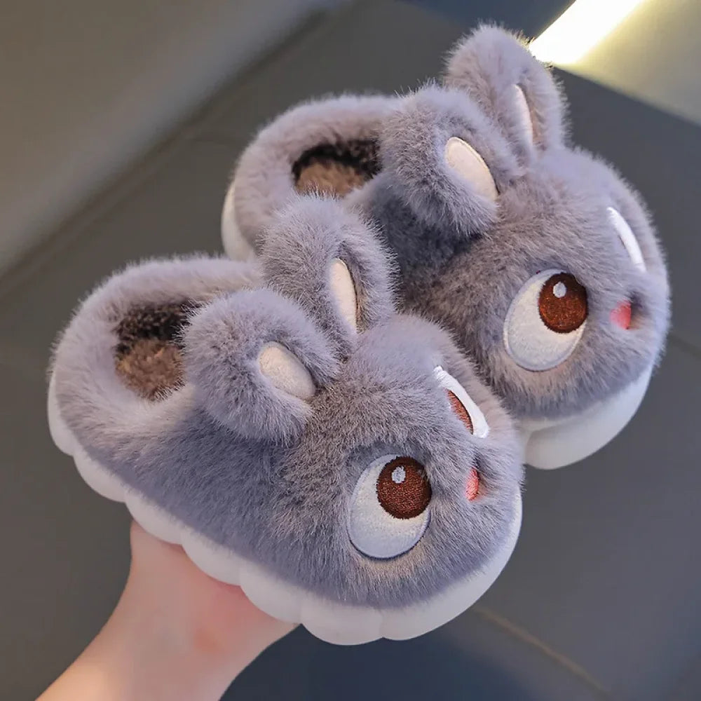 Winter Children’s Cotton Shoes 2025 New Cute Rabbits Warm Plush Girls’ Slippers Faux Fur Anti Slip Flat Boys’ Home