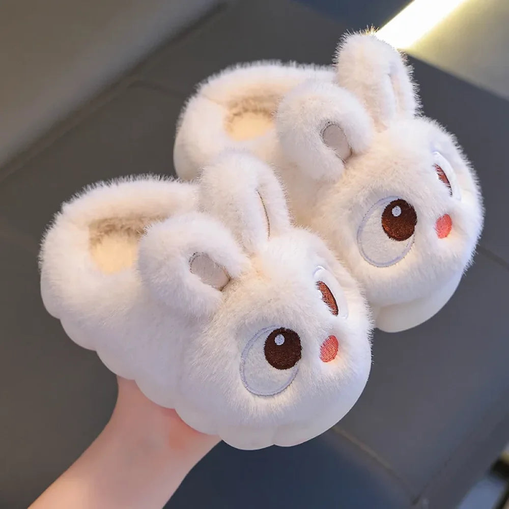 Winter Children’s Cotton Shoes 2025 New Cute Rabbits Warm Plush Girls’ Slippers Faux Fur Anti Slip Flat Boys’ Home